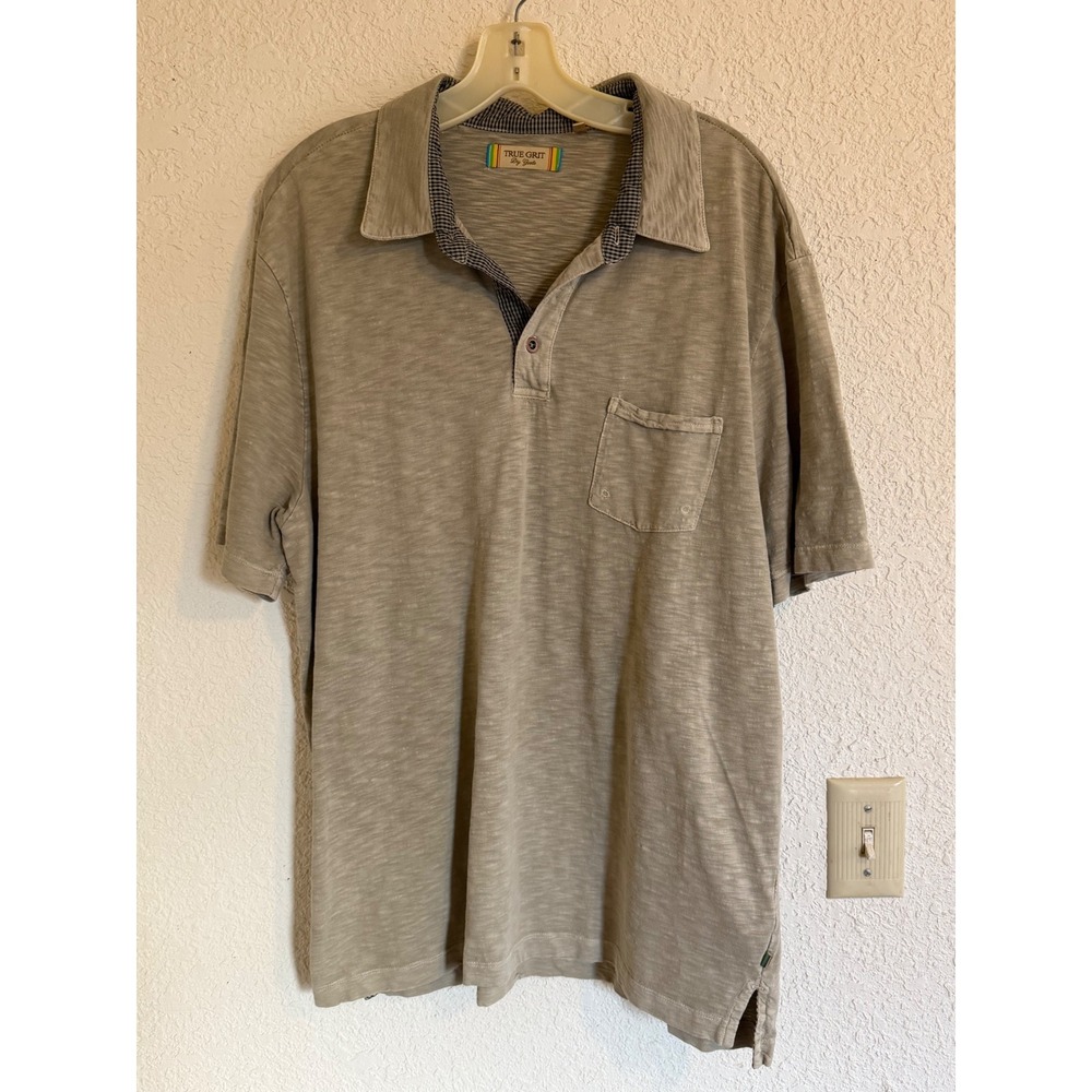 True Grit Dry Goods Mens Slub Knit Polo Shirt Khaki Tan Gingham Trim Size M